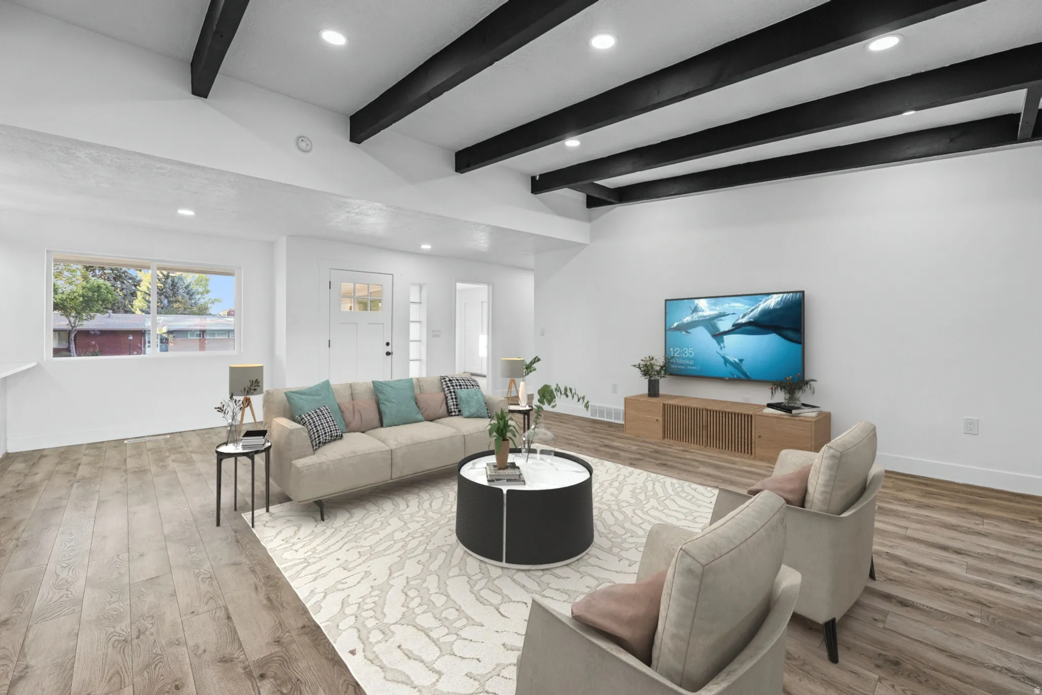 Virtually Staged Family Room with Large Wall for Entertainment Center