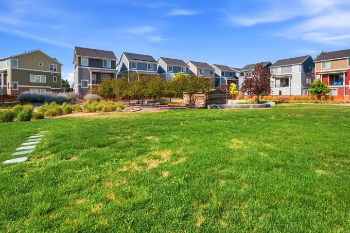 Expansive grassy area featuring a stepping stone pathway, surrounded by landscaped plantings and mature trees