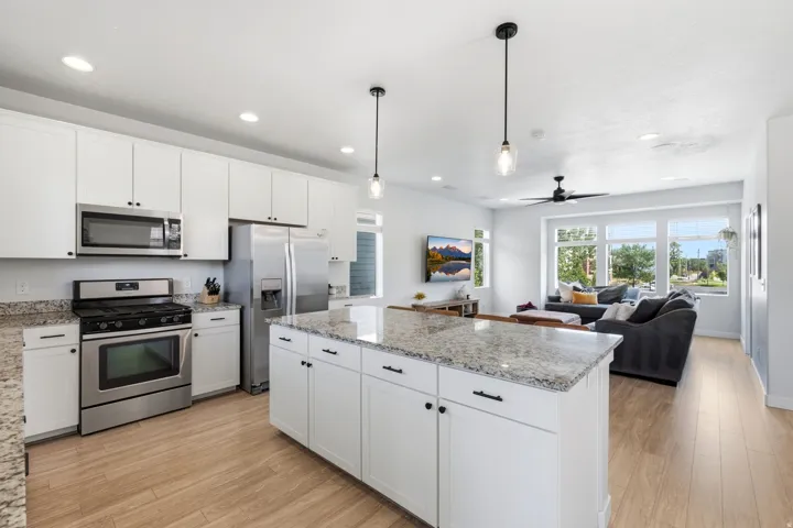 Modern kitchen with white cabinetry and stainless steel appliances
