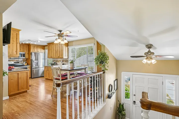Hardwood-finish flooring throughout the kitchen and dining area