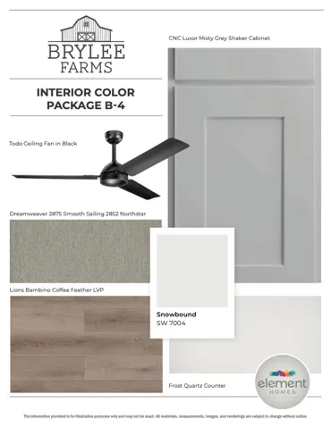 Interior Color Package. Detailing specified materials and finishes for the property