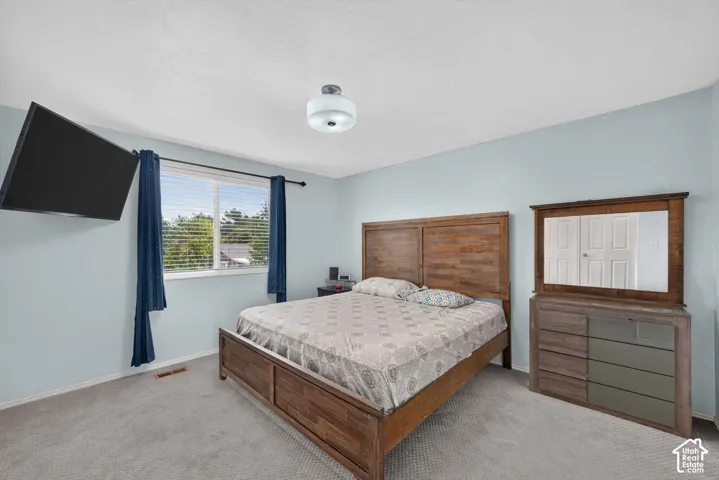 Plush carpeting, light blue wall paint, and a window with blinds