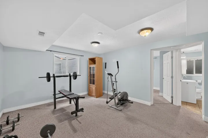 Recessed ceiling with integrated lighting, window with horizontal blinds, wood-finish built-in shelving, carpeted flooring, and double panel interior doors