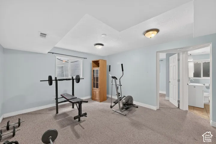 Recessed ceiling with integrated lighting, window with horizontal blinds, wood-finish built-in shelving, carpeted flooring, and double panel interior doors