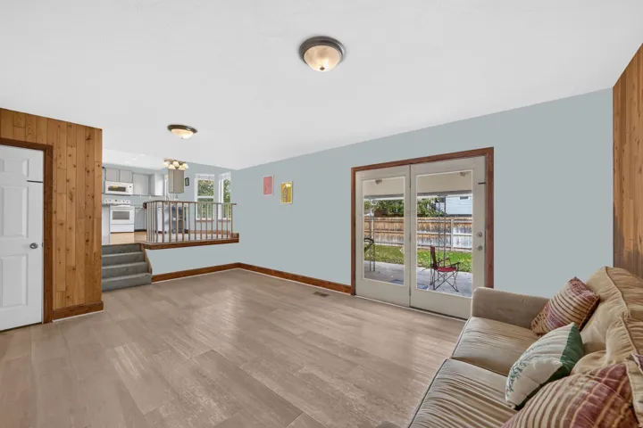 Wood-finish flooring with light blue walls