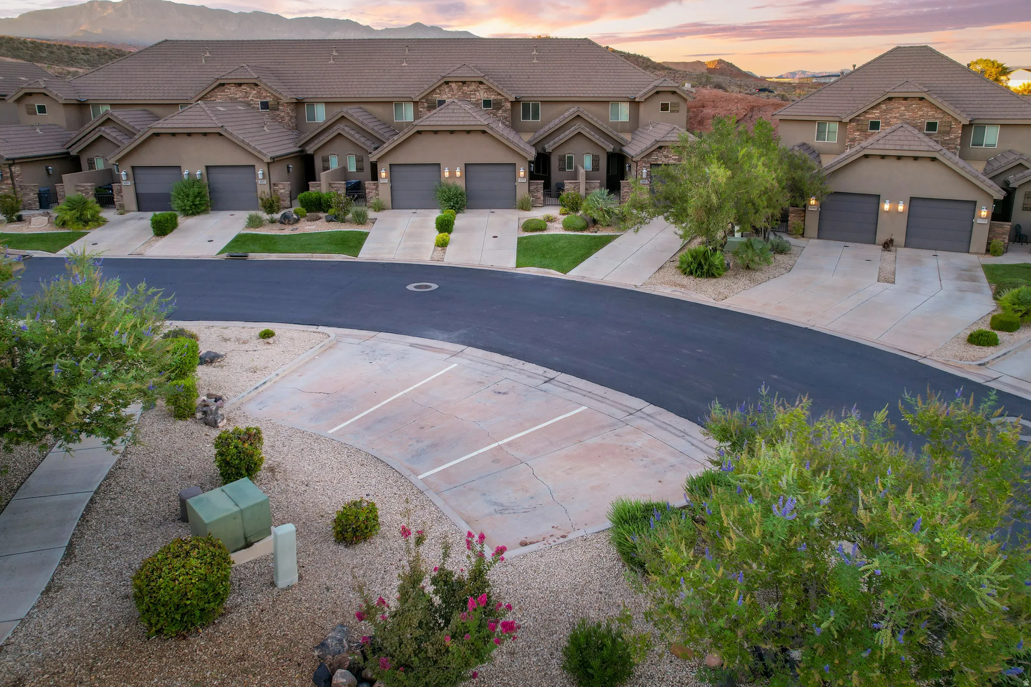 Townhome community featuring individual garages, paved driveways, and xeriscaped front yards