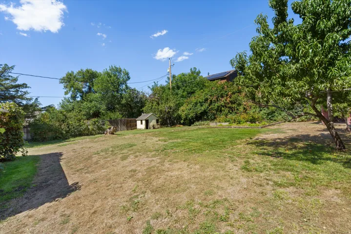 Expansive sloped yard featuring a storage shed and mature trees