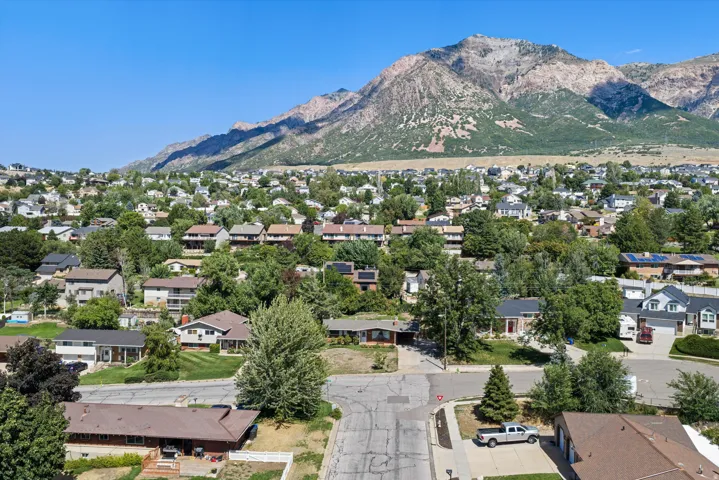 Residential area featuring mature trees and mountain scenery