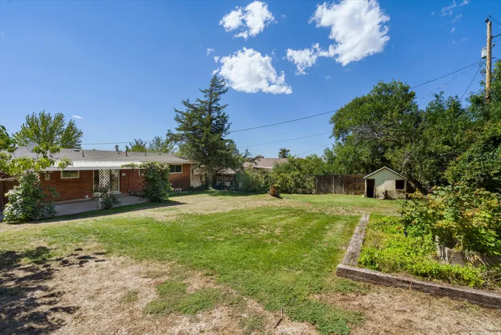 Expansive backyard featuring a grass lawn, mature trees, a storage shed, and a raised planter bed