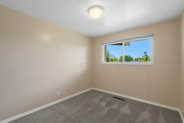 Neutral wall color, carpeted flooring, and a flush mount ceiling light