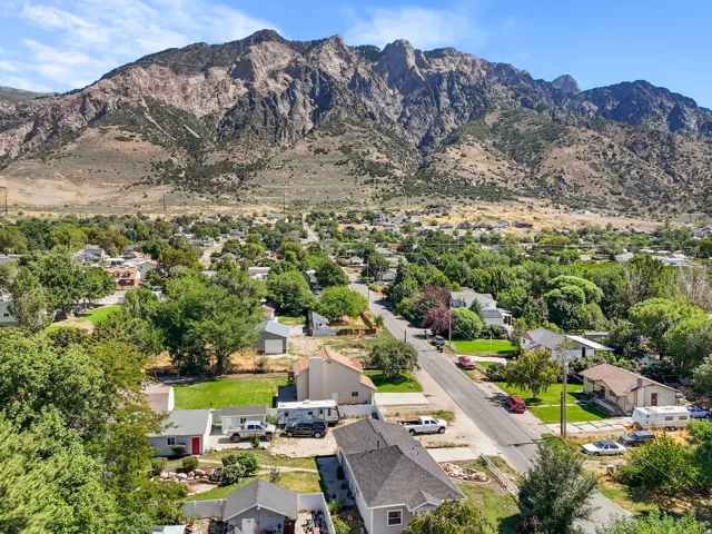 Residential neighborhood with mature trees and mountain backdrop