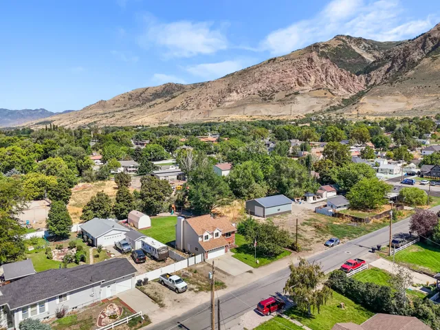 Expansive mountainous backdrop framing a residential area with mature trees and established homes