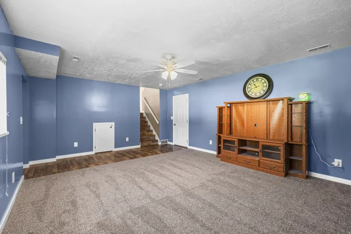 Carpeted area with wood-finish flooring, ceiling fan, and white trim