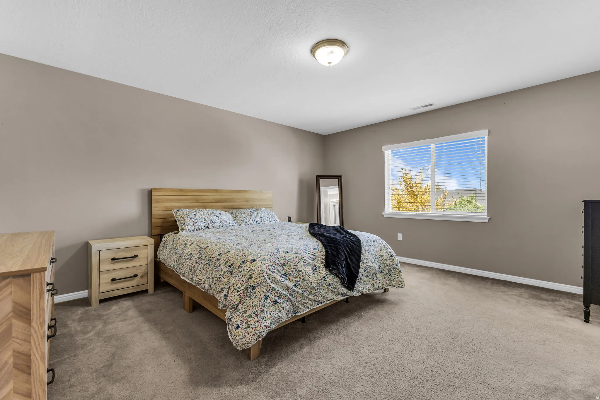 Spacious room featuring neutral-toned walls, carpet flooring, a large window, and a ceiling-mounted light fixture
