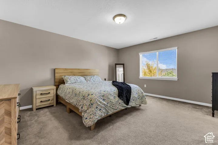 Spacious room featuring neutral-toned walls, carpet flooring, a large window, and a ceiling-mounted light fixture