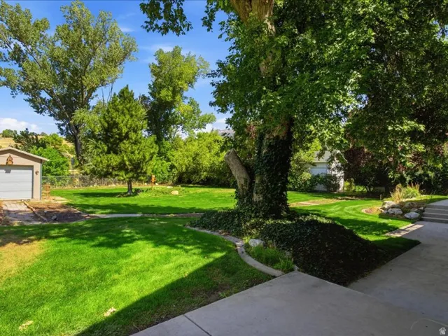 Expansive green lawn with mature trees, established landscaping, and a detached shed featuring a garage door