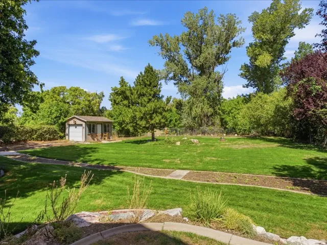 Expansive lawn with mature trees and a detached shed featuring a screened-in porch