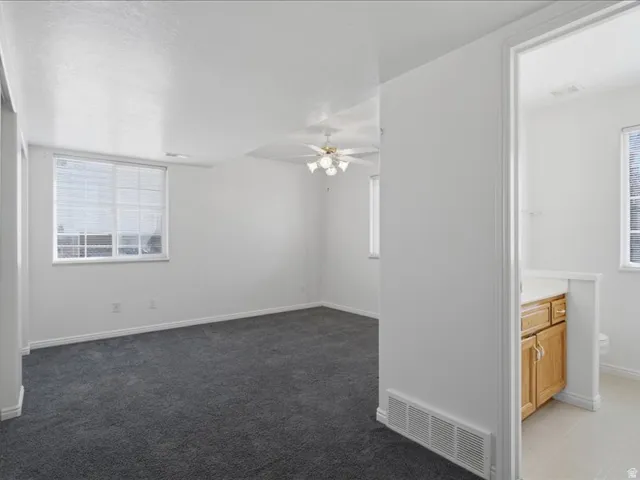 Carpeted room with multiple windows, a ceiling fan, and a wood-finish vanity with a countertop