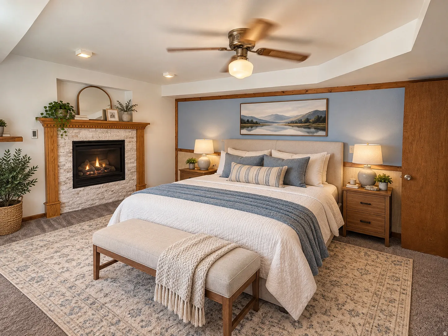 Fireplace with a wood mantel and stone surround