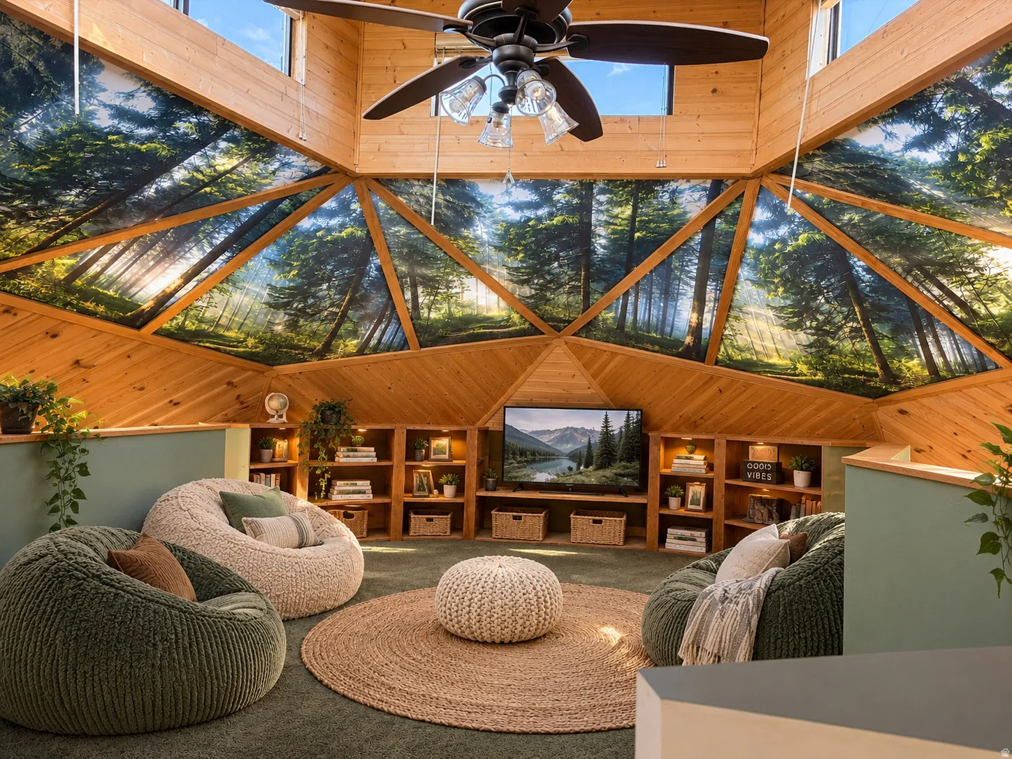 Vaulted wood-paneled ceiling with skylights, integrated wall art, and a ceiling fan