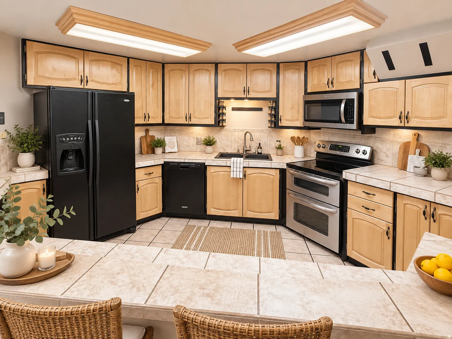 U-shaped kitchen featuring light wood cabinetry with dark trim, tile countertops, stainless steel appliances, and tile flooring