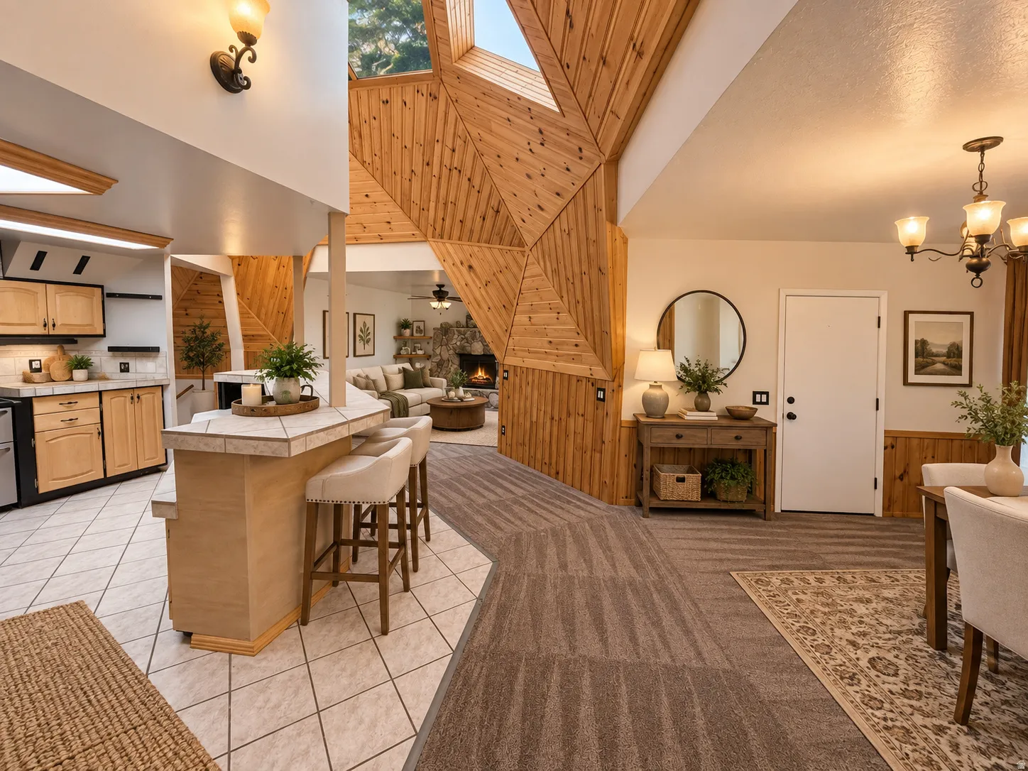 Kitchen with light wood cabinetry, tiled countertops, and a breakfast bar