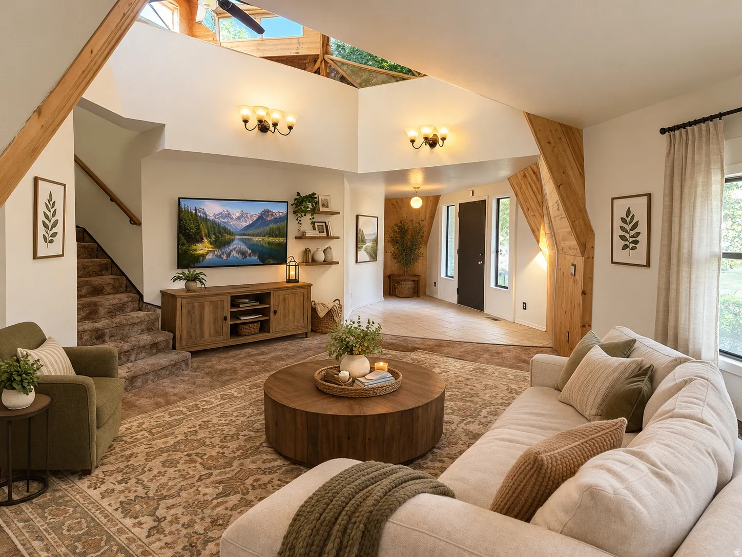 Vaulted ceilings with exposed wood-finish beams, integrated wall sconces, wood-finish console, and wood-finish open shelving
