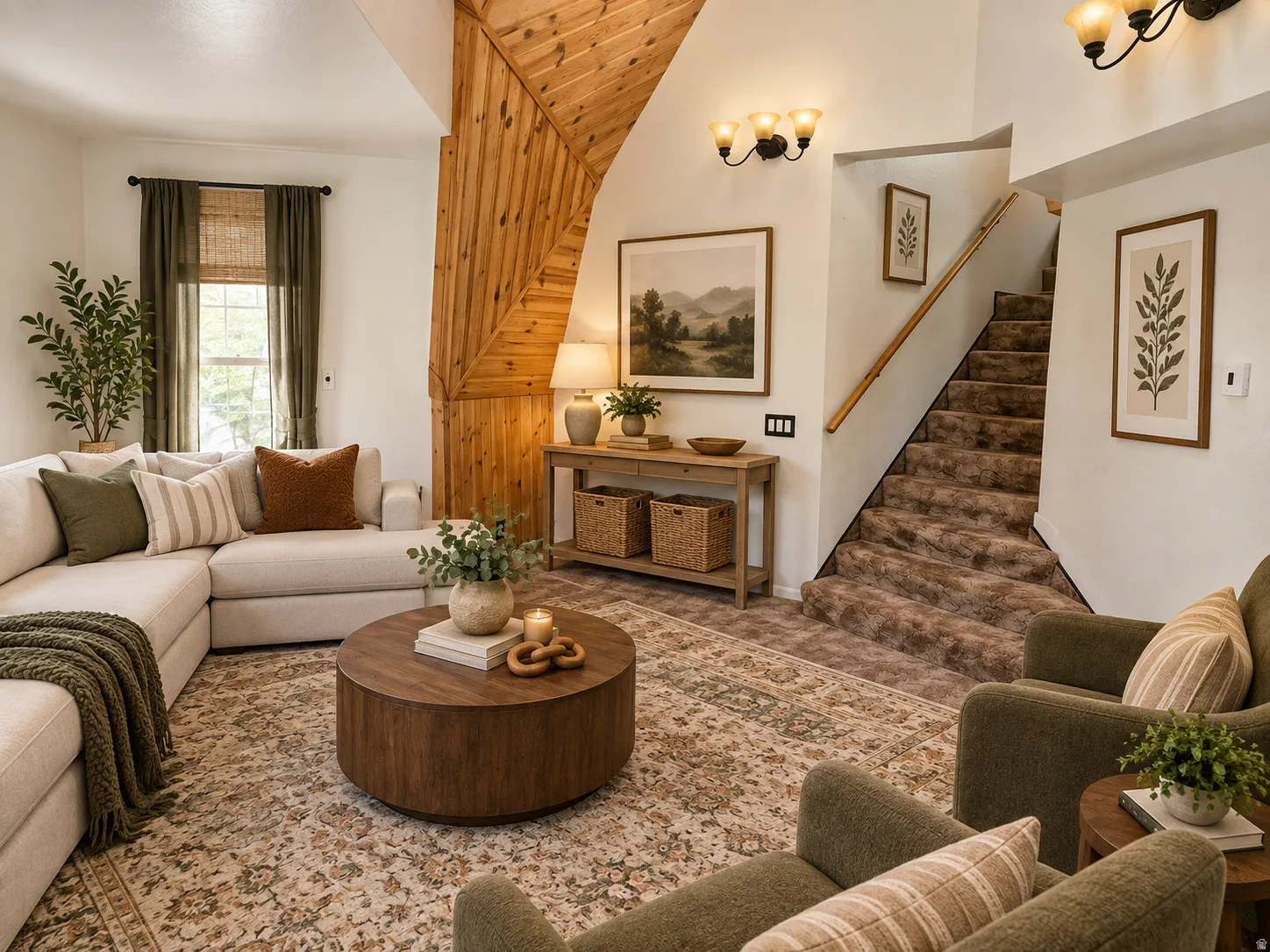 Vaulted ceiling with wood-paneled accents