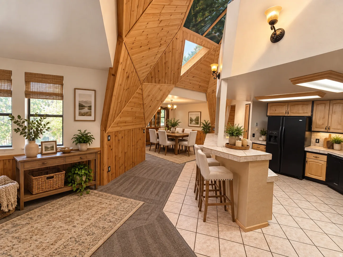 Vaulted wood-paneled ceilings with skylights, kitchen with built-in bar seating, tile flooring, wood-finish cabinetry, and recessed lighting