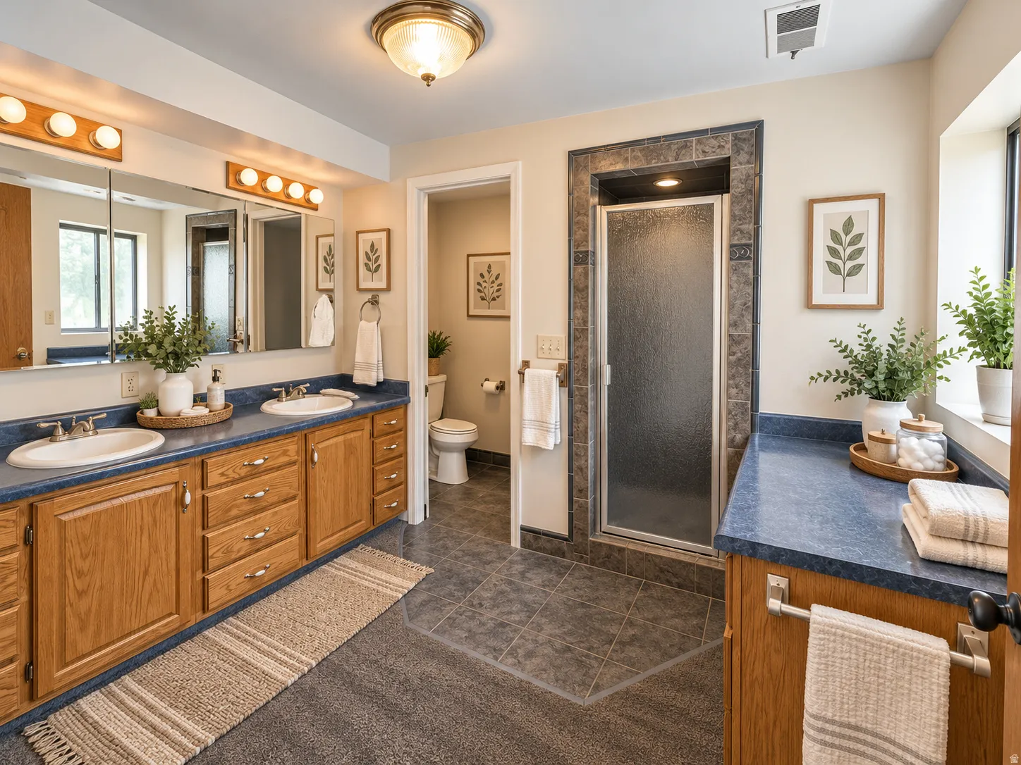 Dual vanity with wood-finish cabinetry, a tiled shower enclosure with a glass door, a built-in window, and tiled flooring