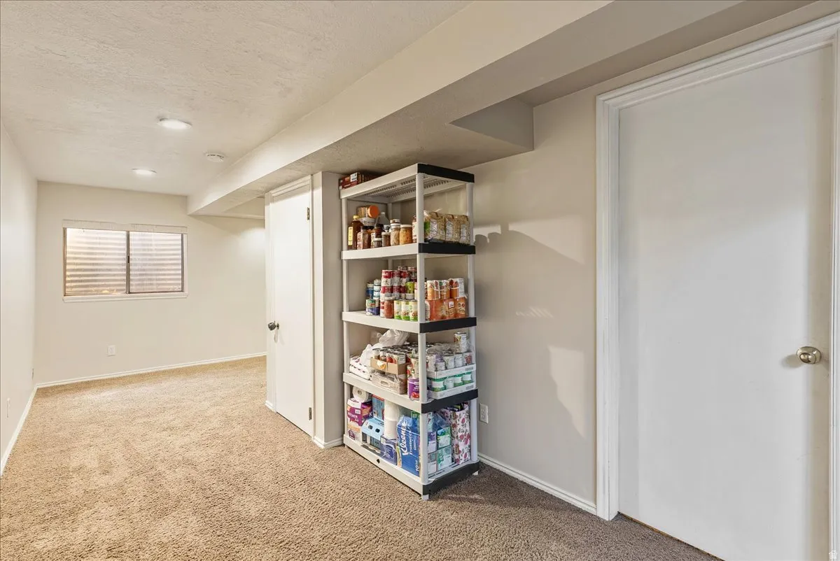 Recessed ceiling lighting, a window with horizontal blinds, carpet flooring, and a white interior door with a gold-tone knob