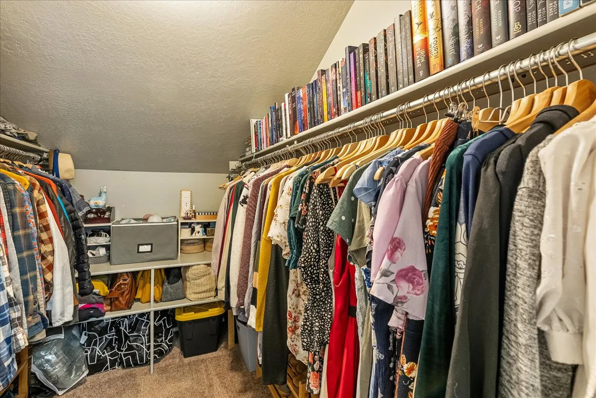 Built-in shelving, hanging rods, and sloped ceiling