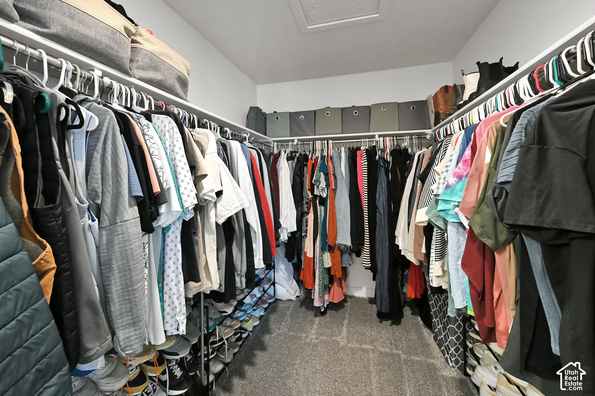 Walk-in closet featuring carpet flooring, multiple clothing rods, and overhead shelving