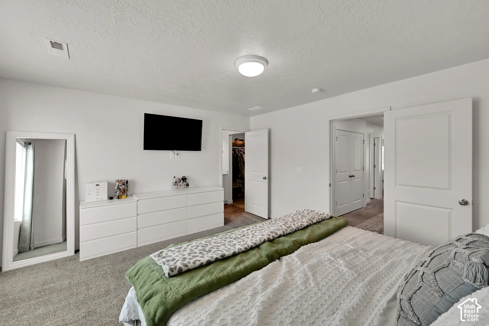 Carpeted flooring, white walls, and a flush-mount ceiling light fixture