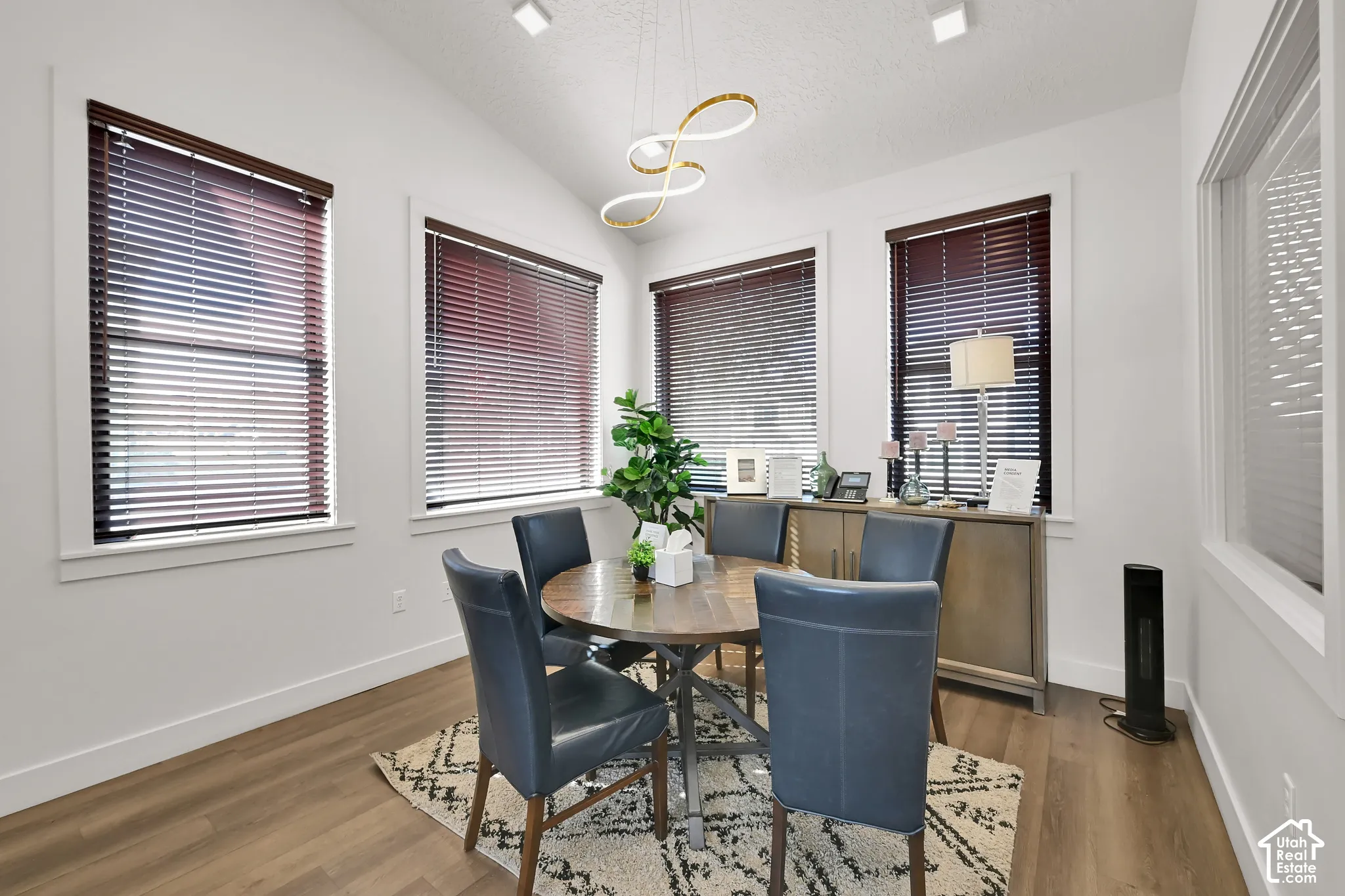 Vaulted ceiling with a contemporary pendant light fixture, wood-finish flooring, and multiple windows with blinds