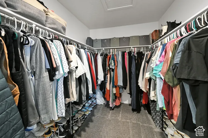 Walk-in closet featuring carpet flooring, multiple clothing rods, and overhead shelving
