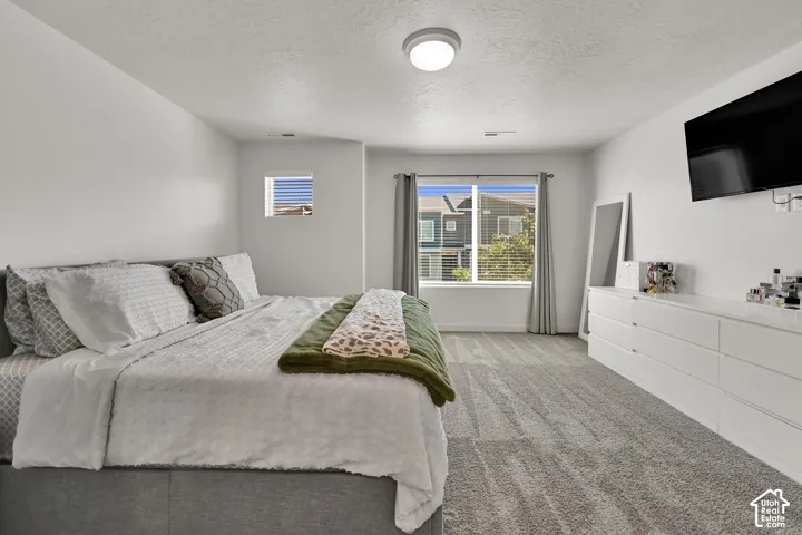 Spacious room featuring carpeting, multiple windows, and a flush mount lighting fixture