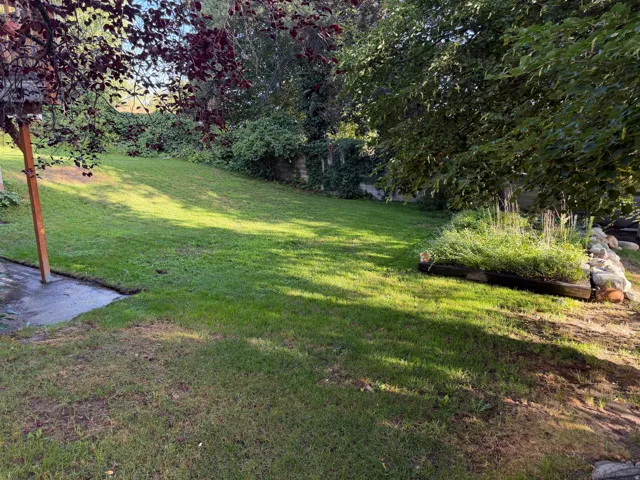 Expansive grassy area with mature trees and a raised garden bed featuring natural stone and wood edging