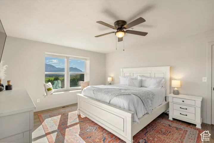 Light-toned walls, wood-finish flooring, recessed window ledge, ceiling fan with integrated lighting, and a paneled door