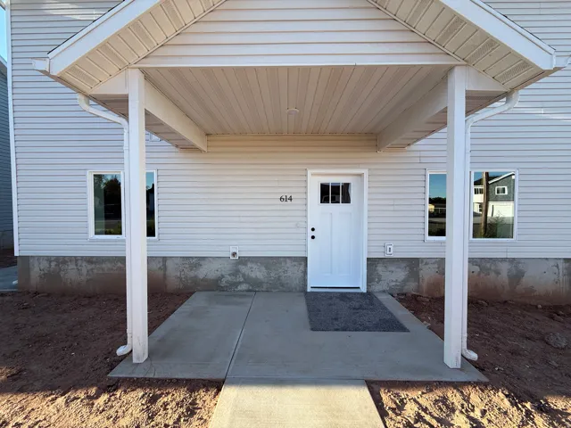 Covered entry with concrete patio, white paneled door with glass inserts, and light-toned siding