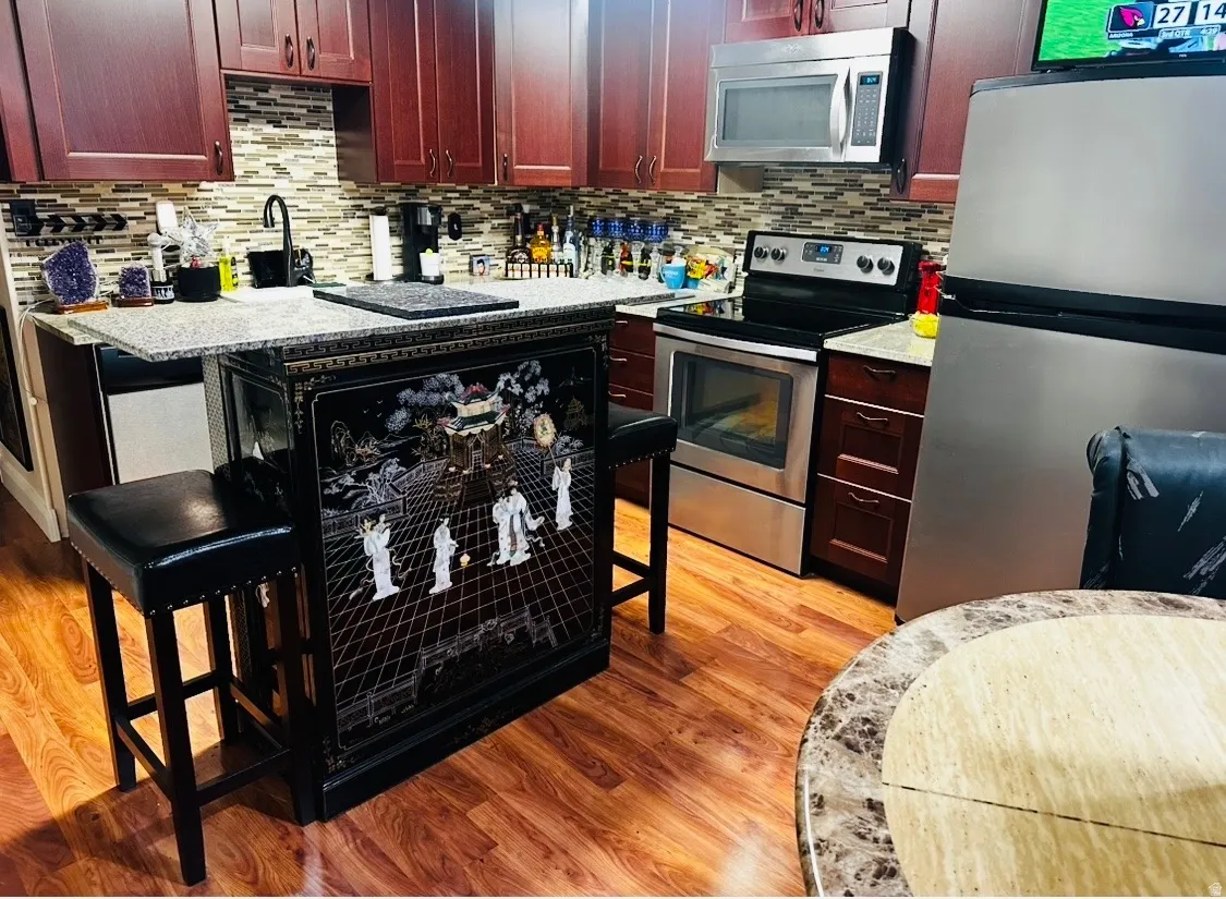 Kitchen featuring wood-finish flooring, dark wood cabinetry, stainless steel appliances, and a tiled backsplash