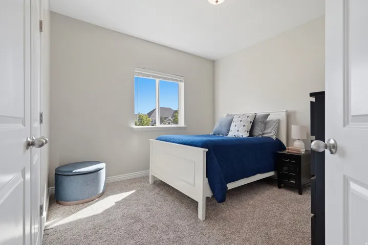Carpeted flooring, neutral wall tones, and a window with natural light