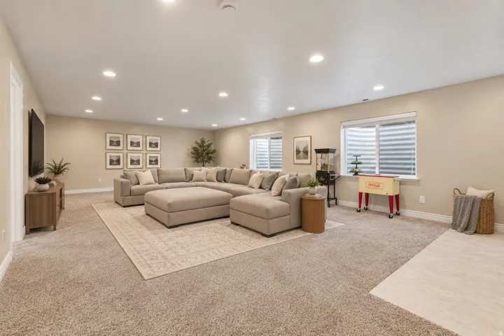 Spacious room with recessed lighting and neutral-toned carpeting *virtually staged*