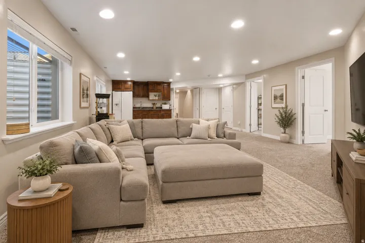 Recessed lighting illuminating the carpeted floor *virtually staged*