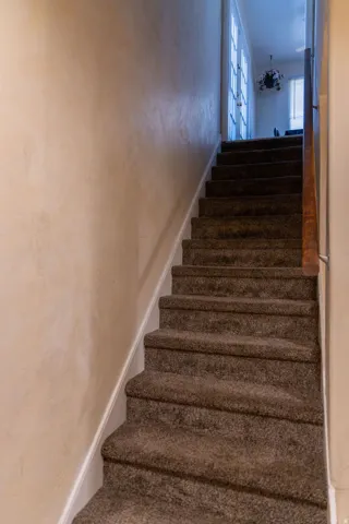 Carpeted staircase with white trim, wood-finish handrail, and upper landing with windowed door