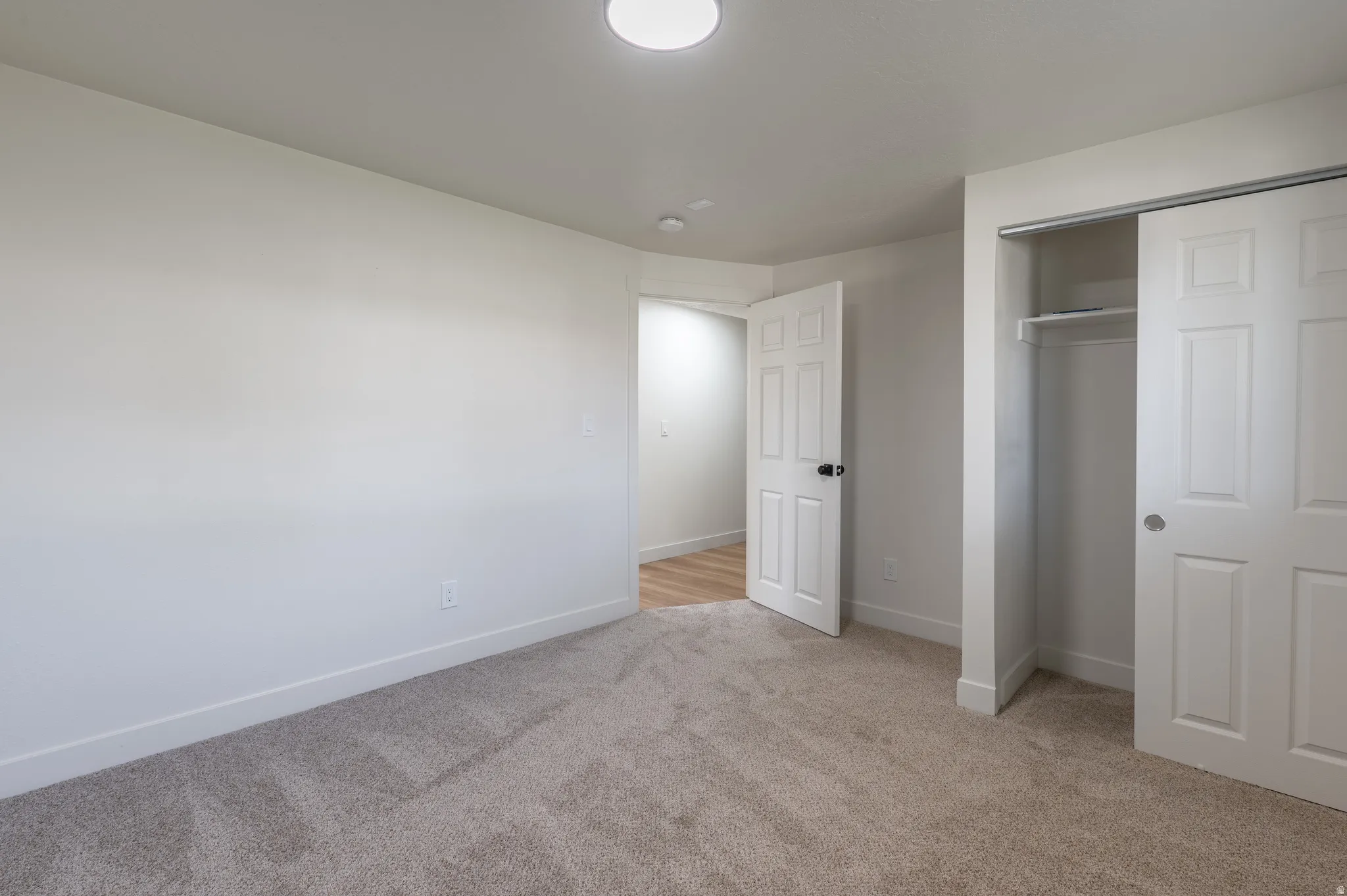 Plush carpet flooring with white walls, a built-in closet with sliding doors, and a paneled interior door with dark hardware