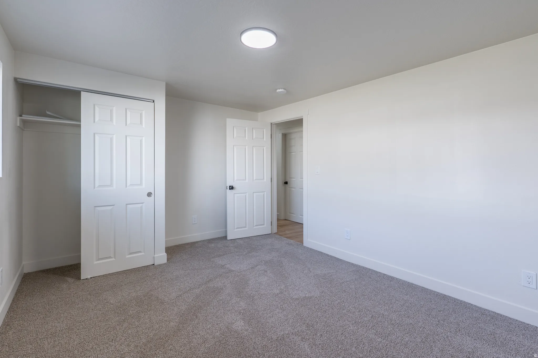 Plush carpet flooring, white painted walls, a flush-mount ceiling light, a built-in closet with sliding doors, and a paneled interior door