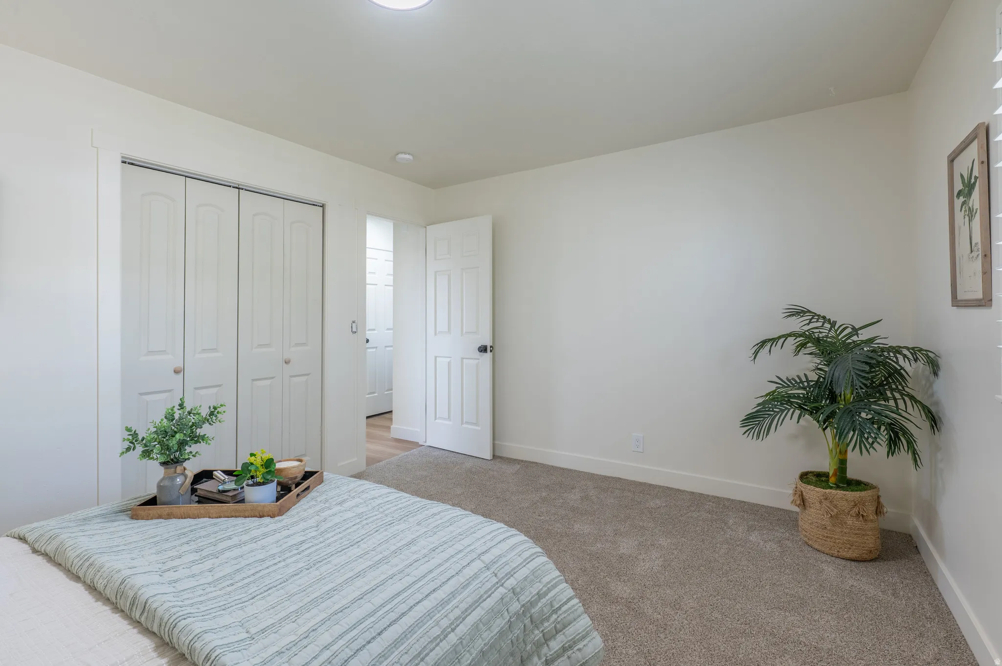 Recessed lighting, light-colored walls, bi-fold closet doors, and carpet flooring