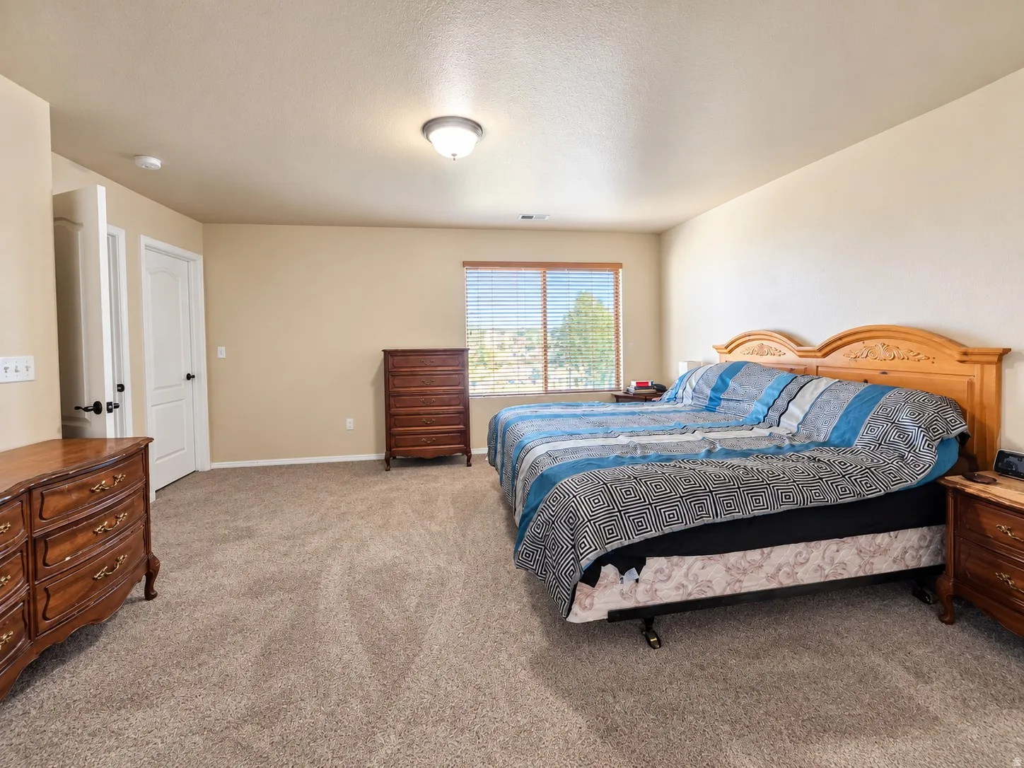 Neutral tone wall paint, flush mount ceiling light, carpeted flooring, window with blinds, and white interior door
