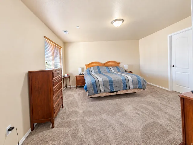 Carpeted flooring throughout, neutral wall paint, overhead flush-mount lighting, and window with blinds